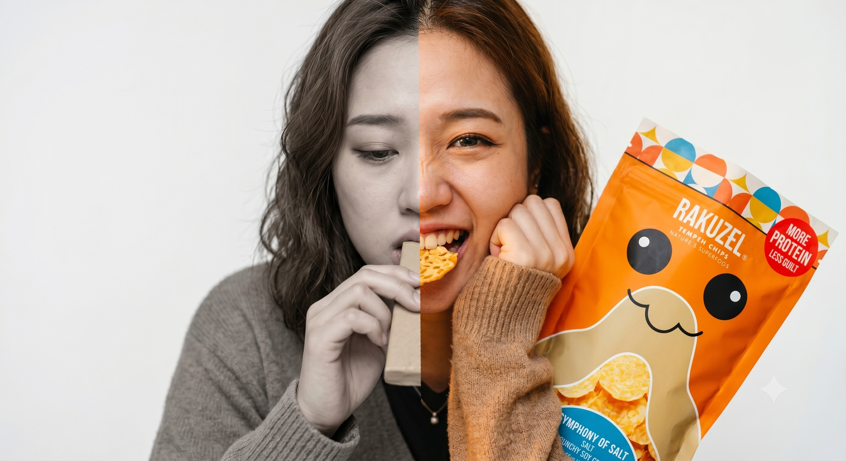 Before and after — sad protein bar vs Rakuzel tempeh chips