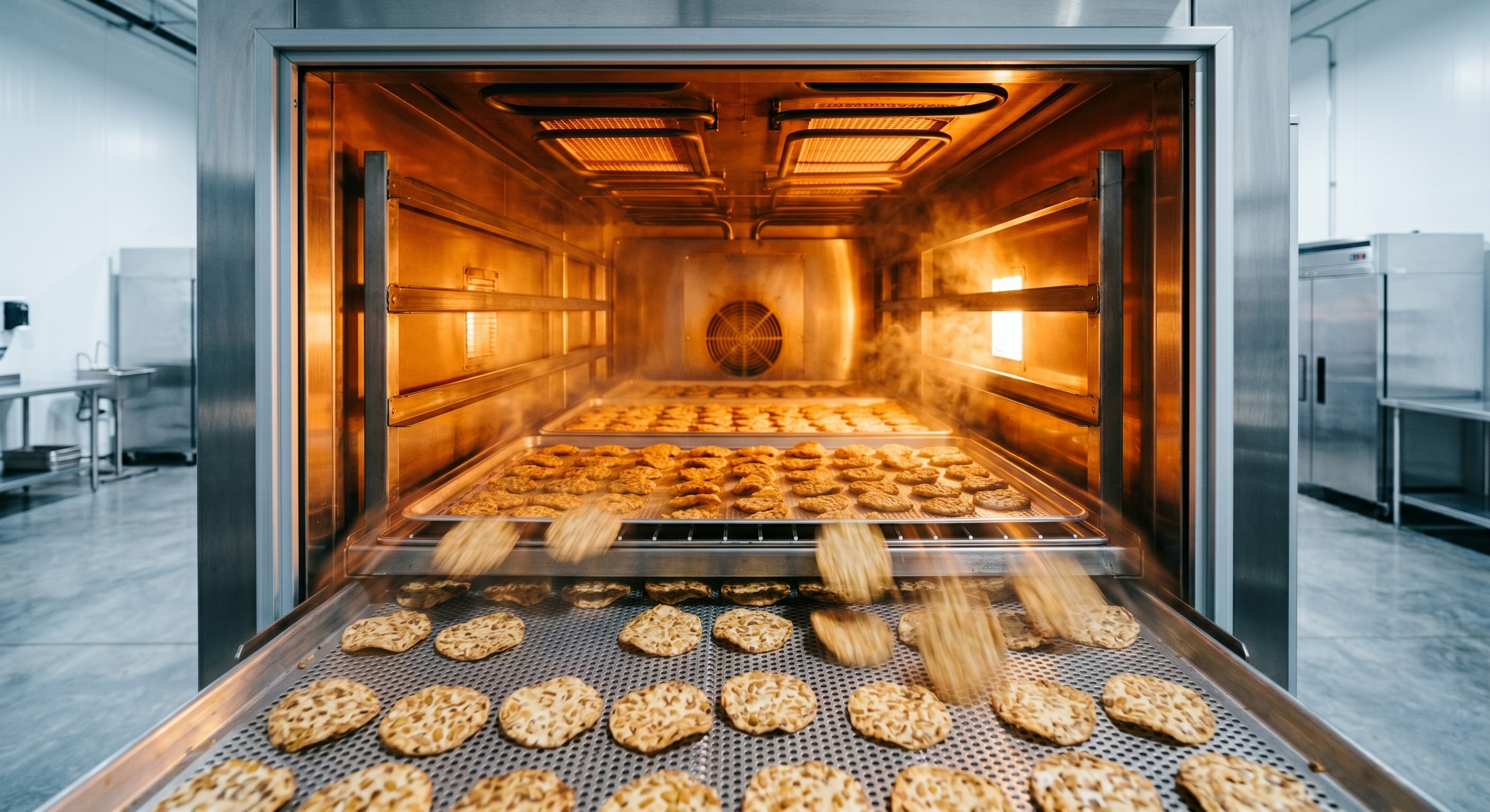 Tempeh chips flash-baking in a commercial oven